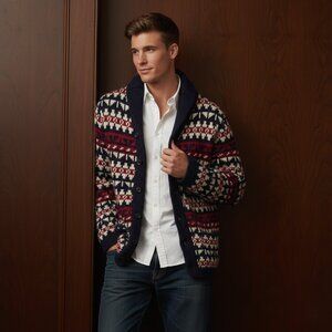 Zara Young Mens Large Shawl Collar Fair Isle Cardigan Wool Blend Knit Sweater